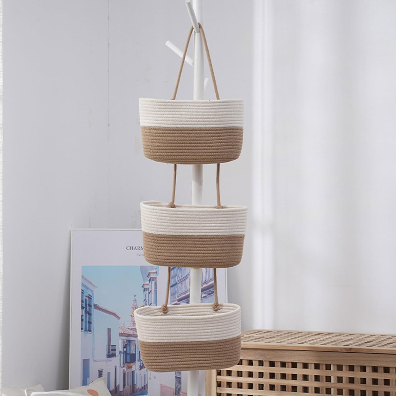 Wall Mounted Hanging Basket Cotton Storage Baskets Handwoven Fruit Vegetable Kitchen Organization Tool