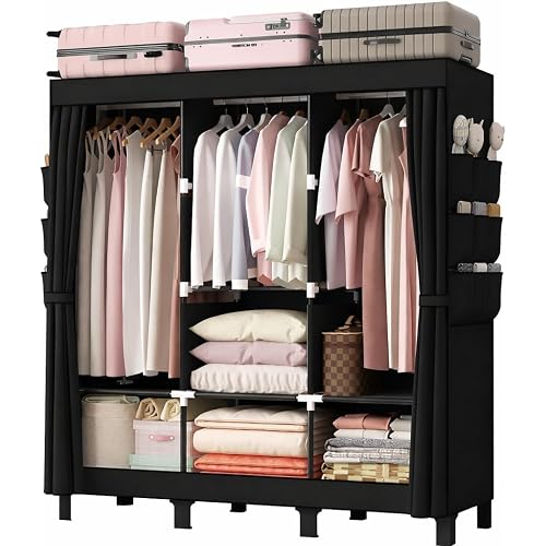 Portable Closet Wardrobe Closet for Hanging Clothes with 3 Hanging Rods for Bedroom, Non-Woven Fabric Clothes Closet for Living Room Easy Assemble (Black, 3 Columns, 130cm/51.2inch Width)