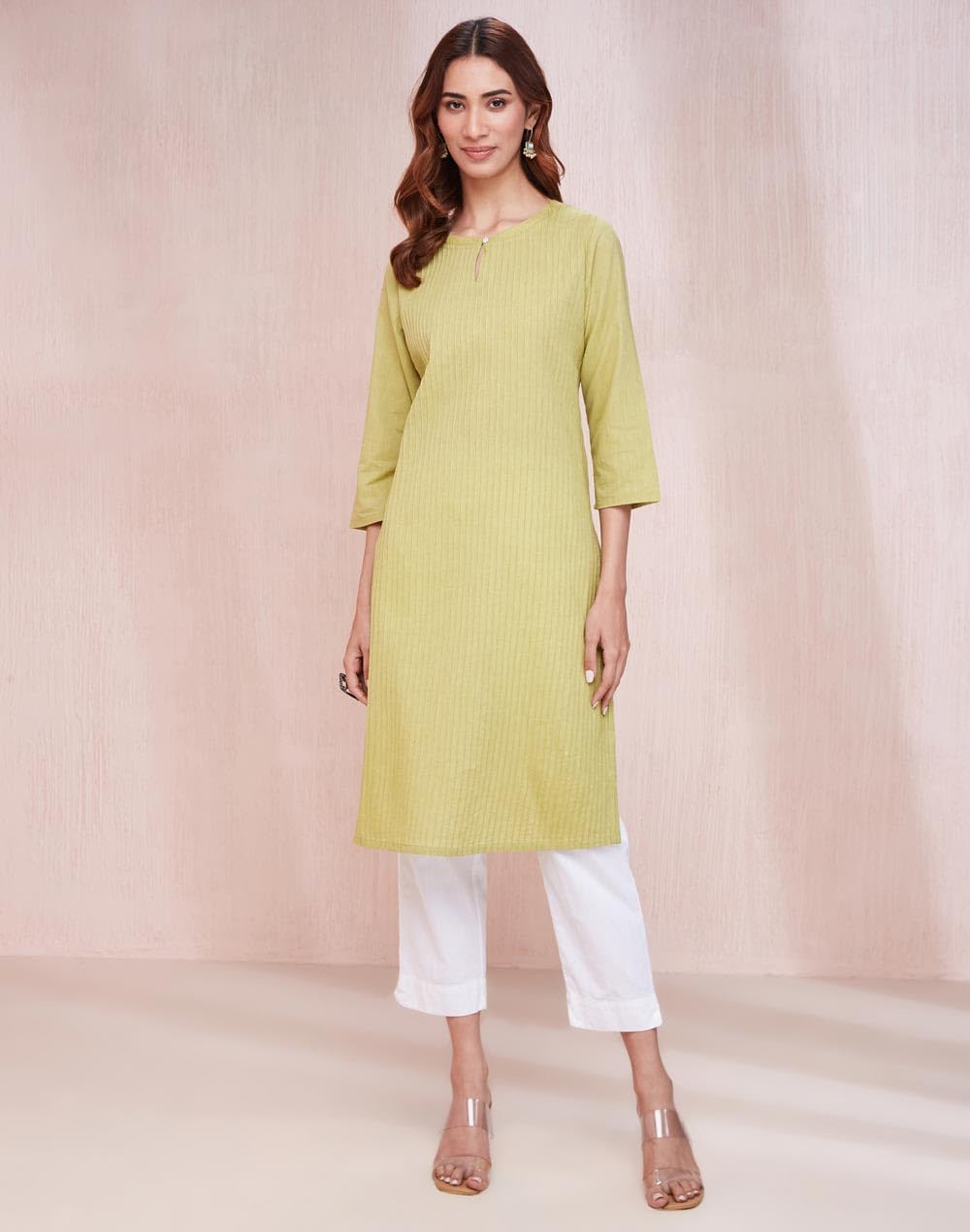 Fabindia Women's Cotton Solid Slim Kurta (1037273Lime_Lime Green