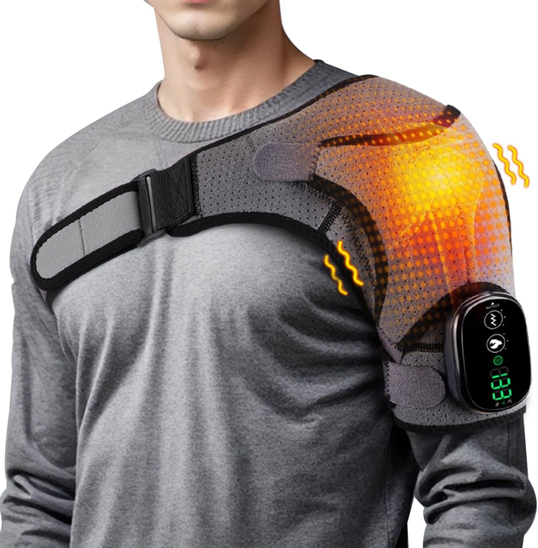 Shoulder Heating Pad Cordless Heated Shoulder Brace with 3 Massage Modes, Shoulder Massager Wrap with Heat for Pain Relief Warmer Gift for Men Women