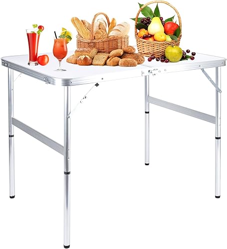 Miniatura 6 de Mesa de campamento plegable de 3 pies, mesa de picnic portátil plegable de 2 alturas ajustables, mesa de campamento de aluminio para exteriores,