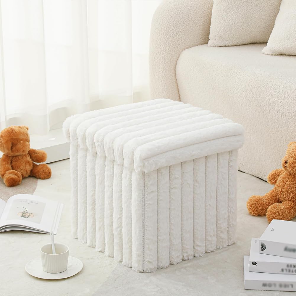 Baul Almacenaje Dormitorio, Puff Almacenaje Plegable Baúl de Almacenaje Multifuncional Banquetas Dormitorio para Sala de Estar, Dormitorio y Entrada, 38x38x38cm White