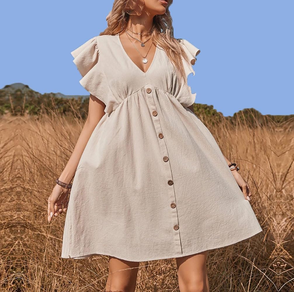 Women's Solid-Color Ruffled Sleeve V-Neck Dress Front-Buttoned A-Line Party Dress