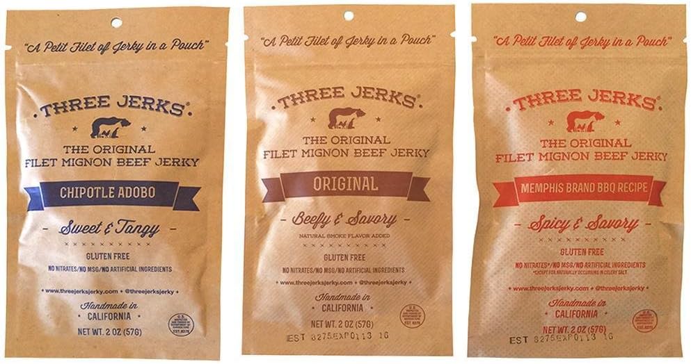 Three Jerks Filet Mignon Beef Jerky - Premium Natural Gourmet - 3 Bags of 2oz - Variety