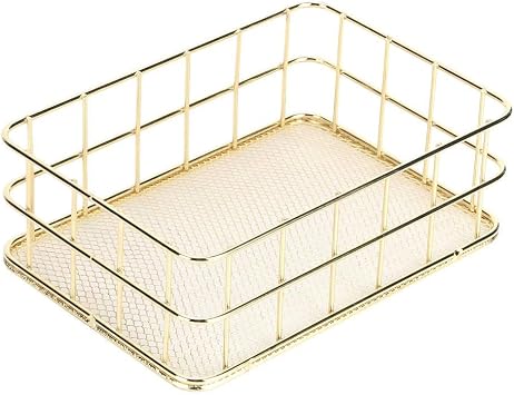 Gold Wire Mesh Rectangular Basket, Large Storage Bin, Modern Desktop Storage Organizer for Home, Kitchen, Bathroom