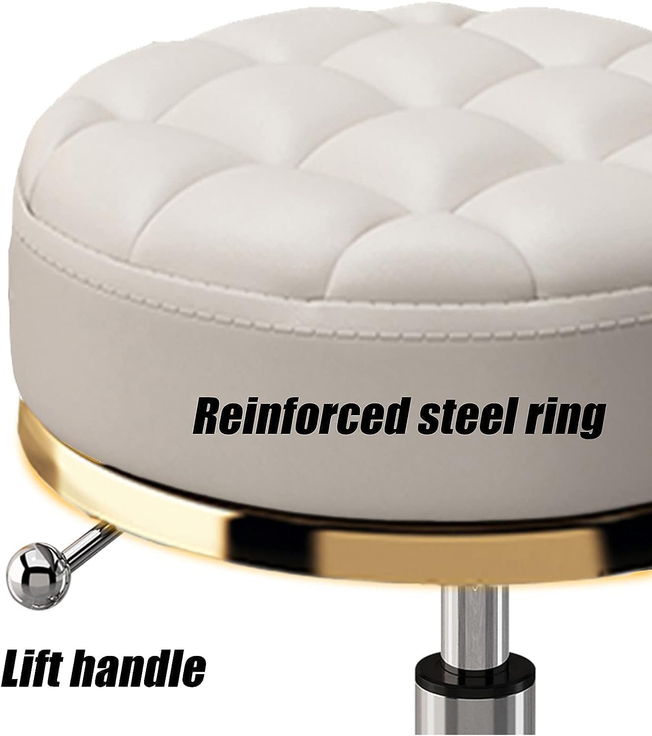 5PCS PU Leather Roller Stool, Shop Counter Medical Beauty Salon Spa Massage Swivel Stool, Modern Makeup Tattoo Massage Work, Gold Chrome 5 Claws with Swivel Wheel(White)