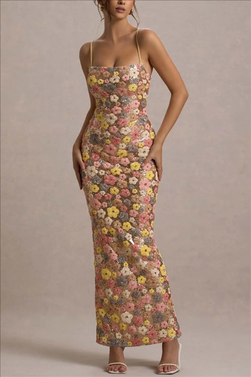 Vestito Elegante Donna Paillette Bodycon Maxi Dress Slim Fit da Festa Senza Maniche per Eventi Cocktail Serali-Print-s