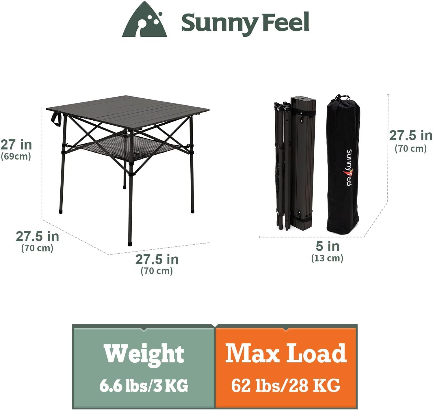 SUNNYFEEL Aluminum Folding Table for Camping, Lightweight Roll Up Top, Portable Camp Tables with Carry Bag for Outdoor Picnic (Square, Brown)