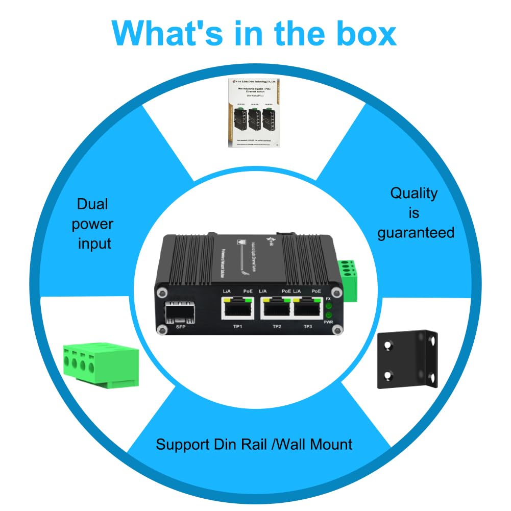 Commutateur Gigabit industriel à 3 ports PoE Ethernet PoE+ Commutateur fibre avec fente SFP adaptative 100/1000 M SFP rail DIN non géré 10/100/1000 Mbps Commutateur réseau IEEE802.3af/at 30 W