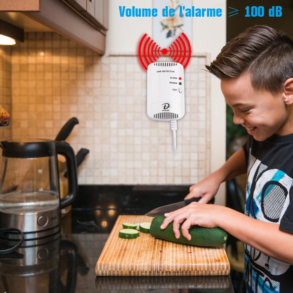 D MODUN Détecteur de Gaz, Fuite de gaz Gaz Naturel/GPL/Charbon, Moniteur de gaz Méthane Propane Butane, 100dB Avertissement de Lumière Stroboscopique, Alarme de gaz enfichable Convient pour la cuisine