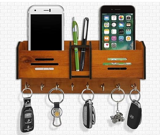 Morvi Decor PresentsThree line Design Wooden Key Holder with Two Storage Box ( Brown)