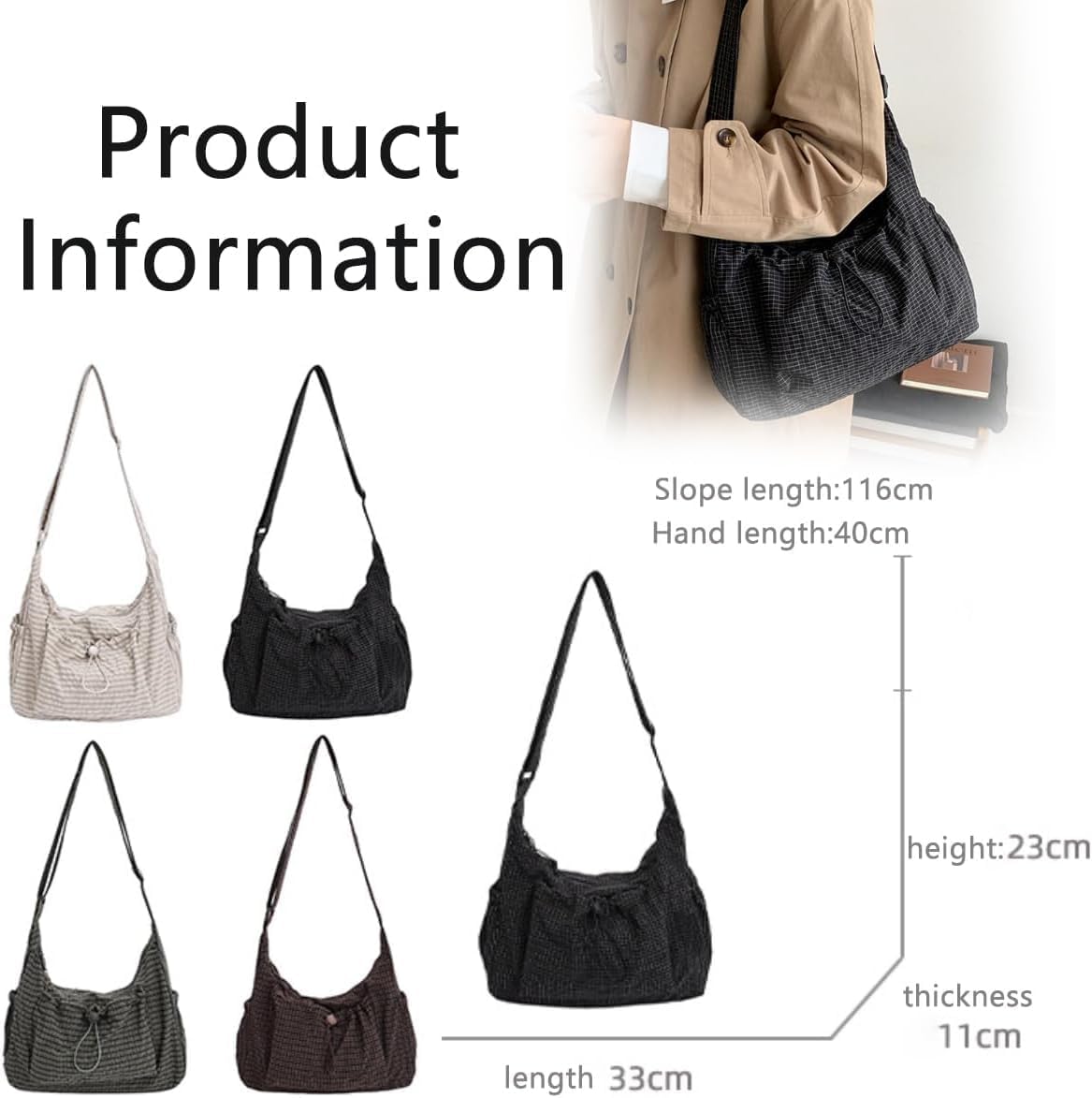 Korean Style Plaid Casual Shoulder Bag, Lightweight Checkered Crossbody Bag, Cotton Quilted Fabric with Adjustable Strap - Image 4