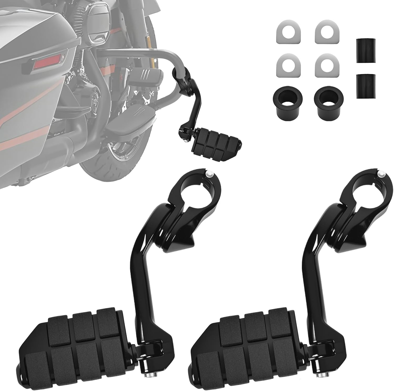 Highway Pegs, Long Angled 1.25" Highway Footpegs Adjustable Footrest Fit for Harley Touring Street Glide Road King Road Glide Softail CVO Dyna Trike VRSC Sportster Fits 1-1/4" Engine Guard, Black