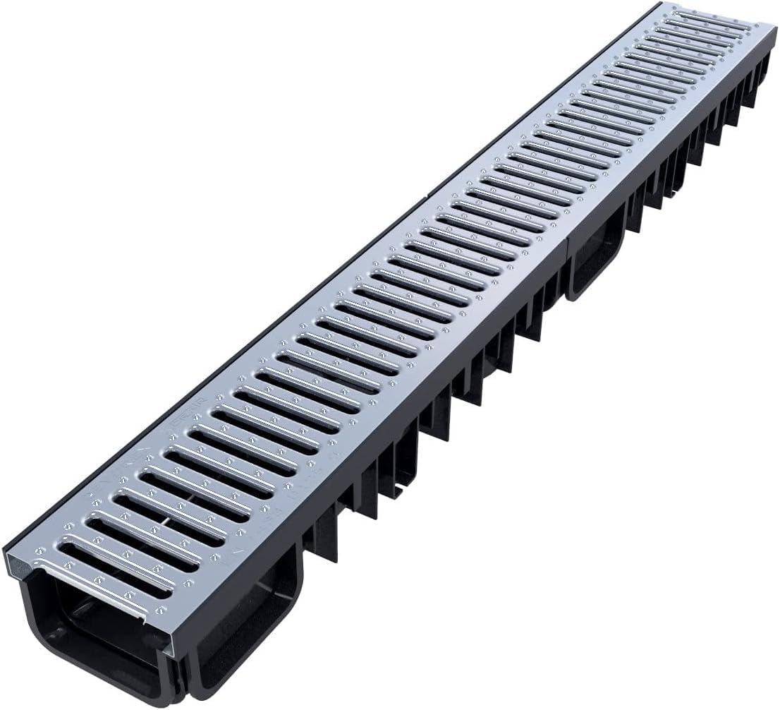 1 x Polydrain B125 12.5 Tonne Galvanised Extra Heavy Duty Shallow Flow Linear Storm Drain Channel Drainage Driveway Aco Drain 1 metre with Built in Quadbox Corner on Each Length