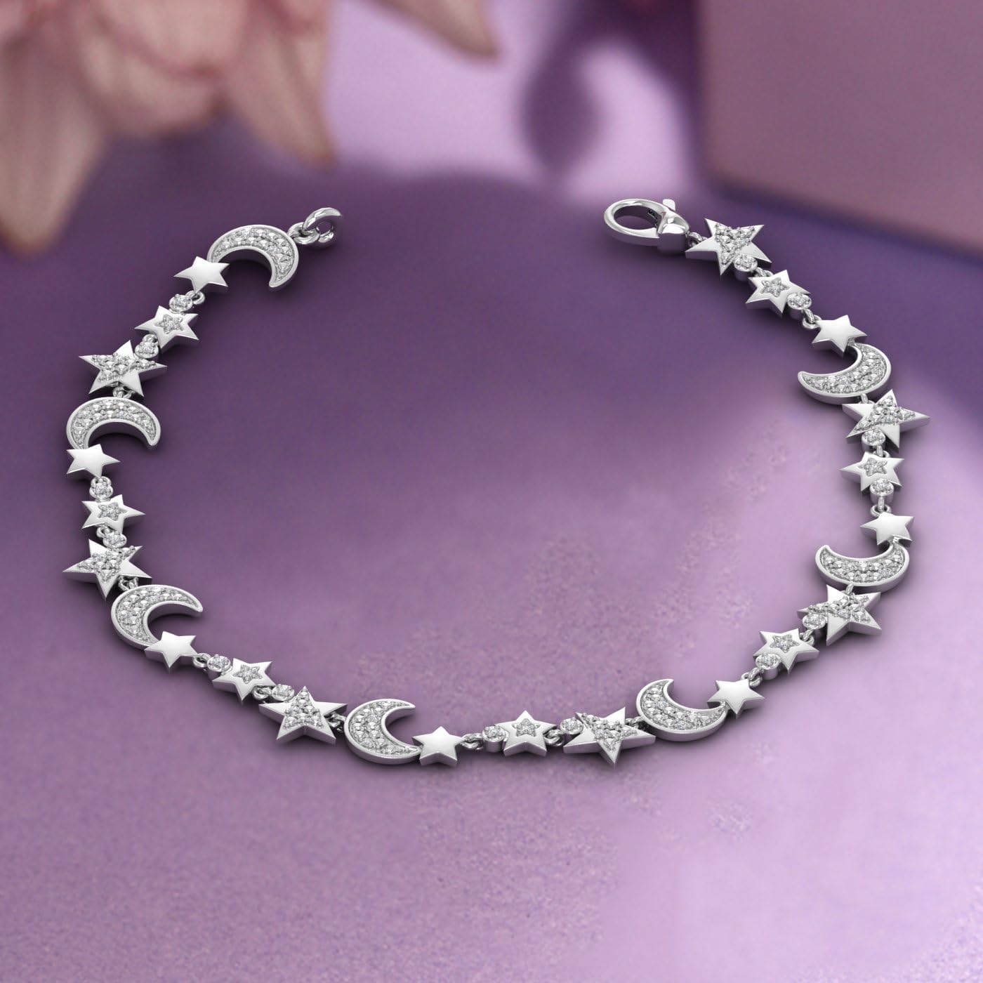 0.15 Carat Natural Diamond Stars and Moon Bracelet for Women in 925 Sterling Silver or in 18K Yellow Gold over Sterling Silver