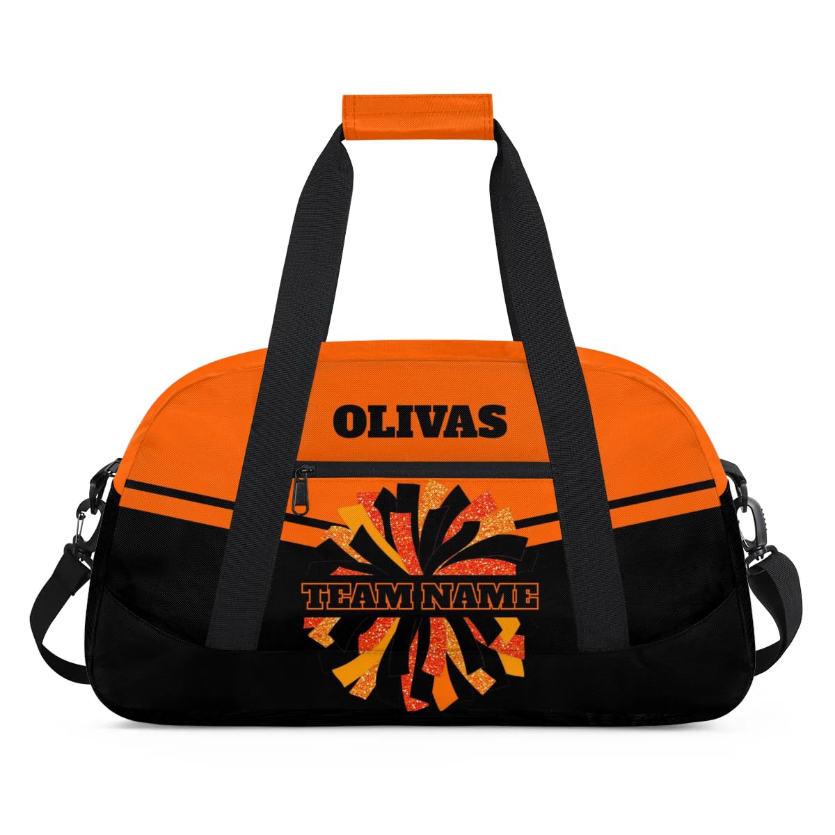 Personalized Cheerleader Bag Dance Bag for Girl, Custom Team Bag Gym Bag Sport Duffel Bag, Weekender Bags Travel Bag for Cheer Team Black Orange Glitter Glam