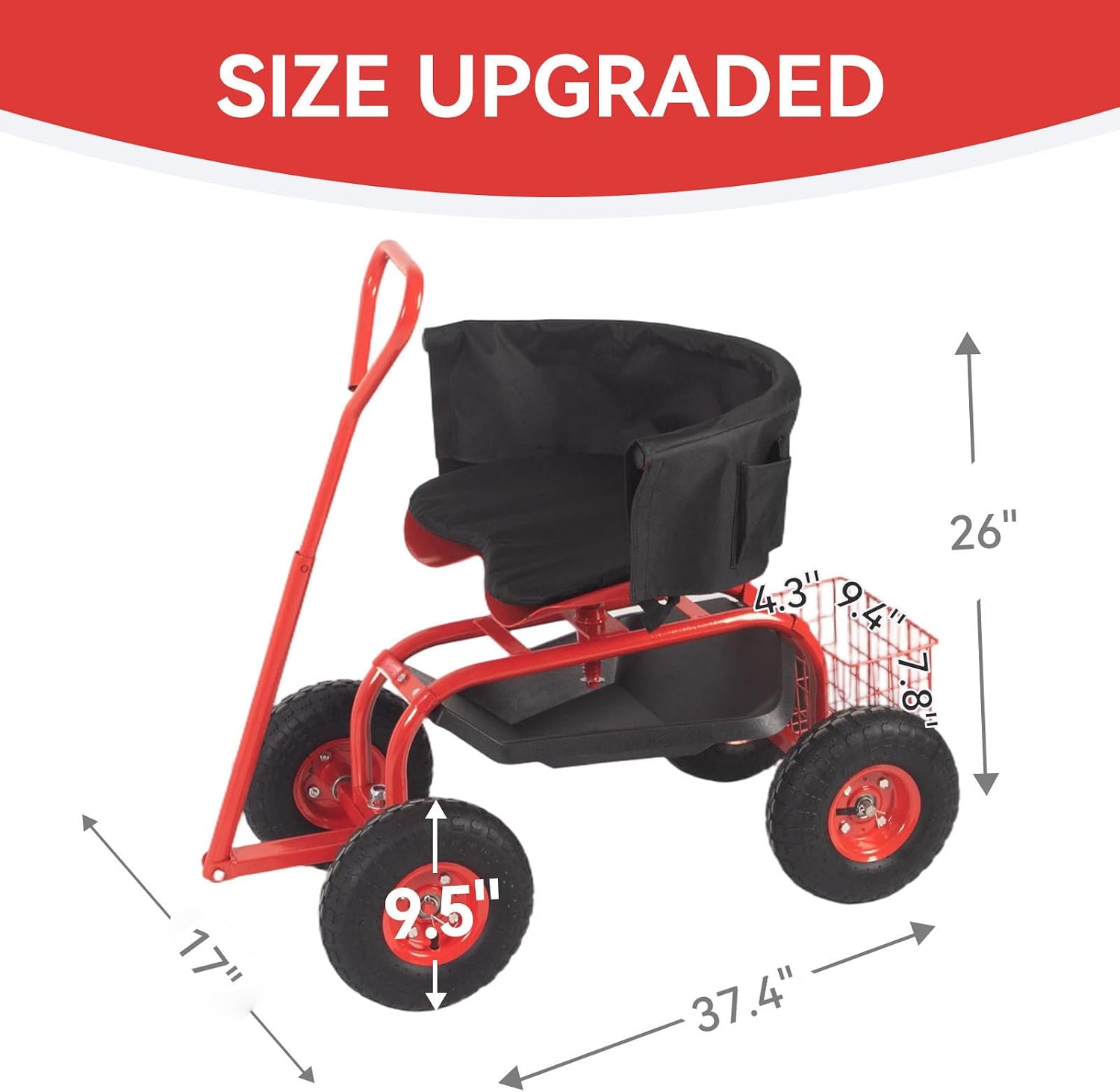 Rolling Garden Cart - Outdoor Workseat with Seat Cushions and Wheels, Heavy Duty Garden Tool Cart with Storage Bracket and Tool Tray for Yard, Planting Gardening Work (Red)
