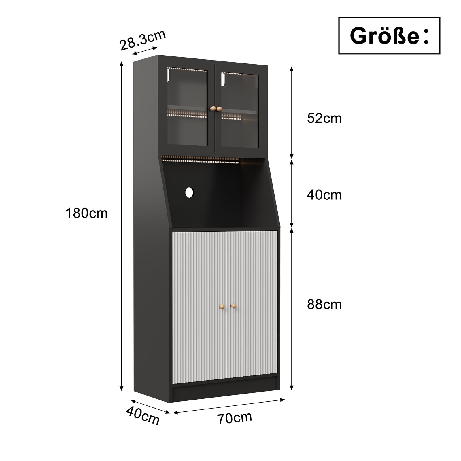 Küchenschrank mit Arbeitsfläche, Buffetschrank mit LED, Mehrzweckschrank, pantryküche, Vorratsschrank mit verstellbaren küchenregal, Küche, Wohnzimmer, Esszimmer, Kabelloch,Schwarz,180x70x40cm
