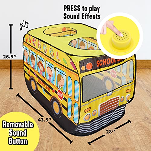 Playbees Musical School Bus Pop Up Play Tent with 3 Openings - Tent for Toddlers - Indoor & Outdoor - Pop Up Tents for Kids - Includes Carry Bag and Sound Button- 43.5x28x26.5 Inch