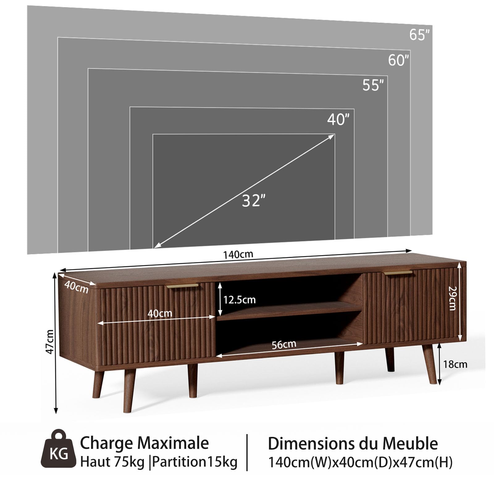 Meuble TV Bois 140cm Longueur Meuble Télé avec rangement pour Télévision Jusqu'à 60 Pouces 2 Étagères Ouvertes et 2 Portes 140 X 40 X 47 cm pour Salon, Chambre, Salle De Divertissement, Bois Foncé