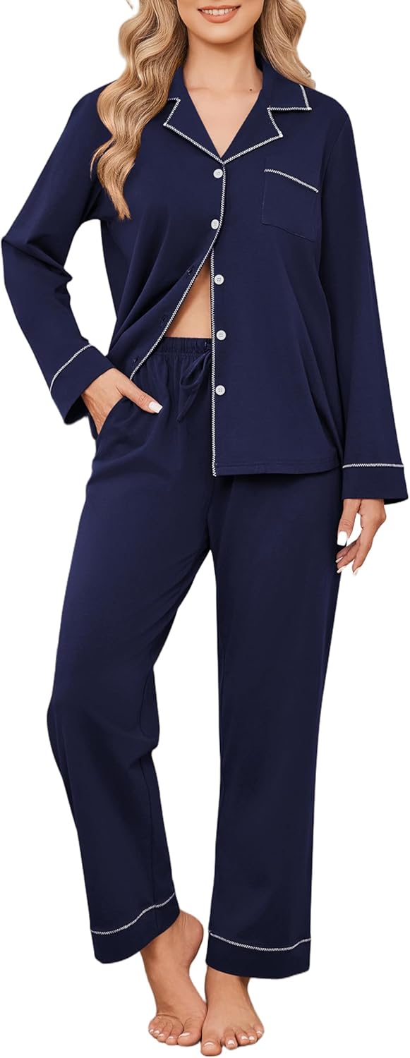Ekouaer Womens Pajamas Set Cotton PJs Long Sleeve Sleepwear Button Down Tops and Pants 2 Piece Lounge Set