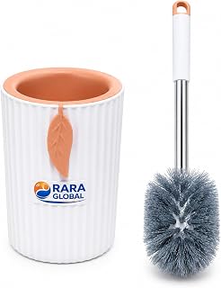 RARA(2PC) Wall Mounted Toilet Brush and Holder Set – Self-Adhesive No-Drill Wall Hanging Commode Cleaner Brush for Bathroom | Quick Drying Holder with Drip Tray, Dense Bristles for Deep Cleaning
