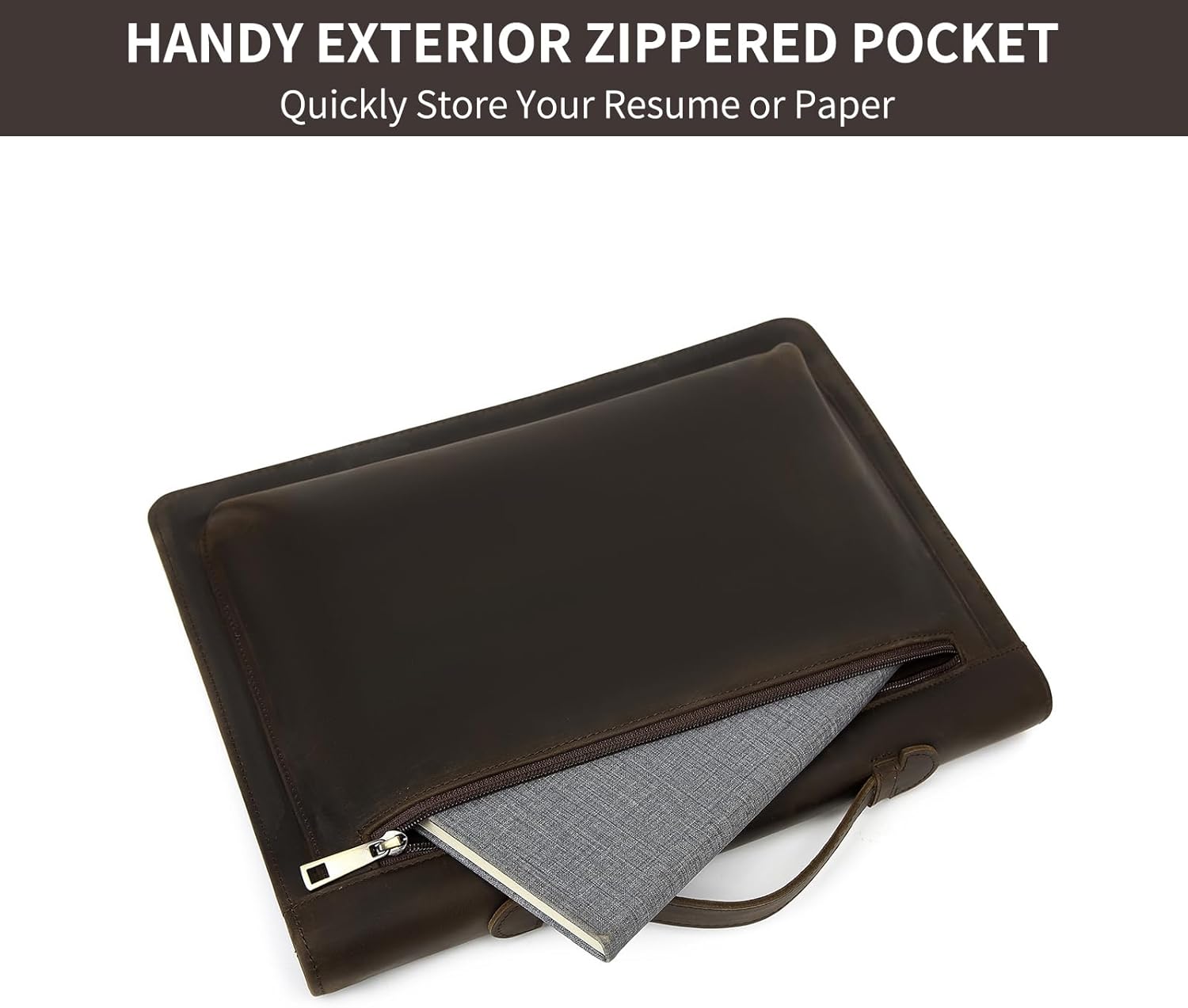 Genuine Leather Portfolio with Hidden Handle, Clipboard Folder, Front Pocket, 8.5 x 11 Legal Pad Notebook Holder, Professional Executive Interview Zip Laptop Padfolio for Women Men, Dark Khaki