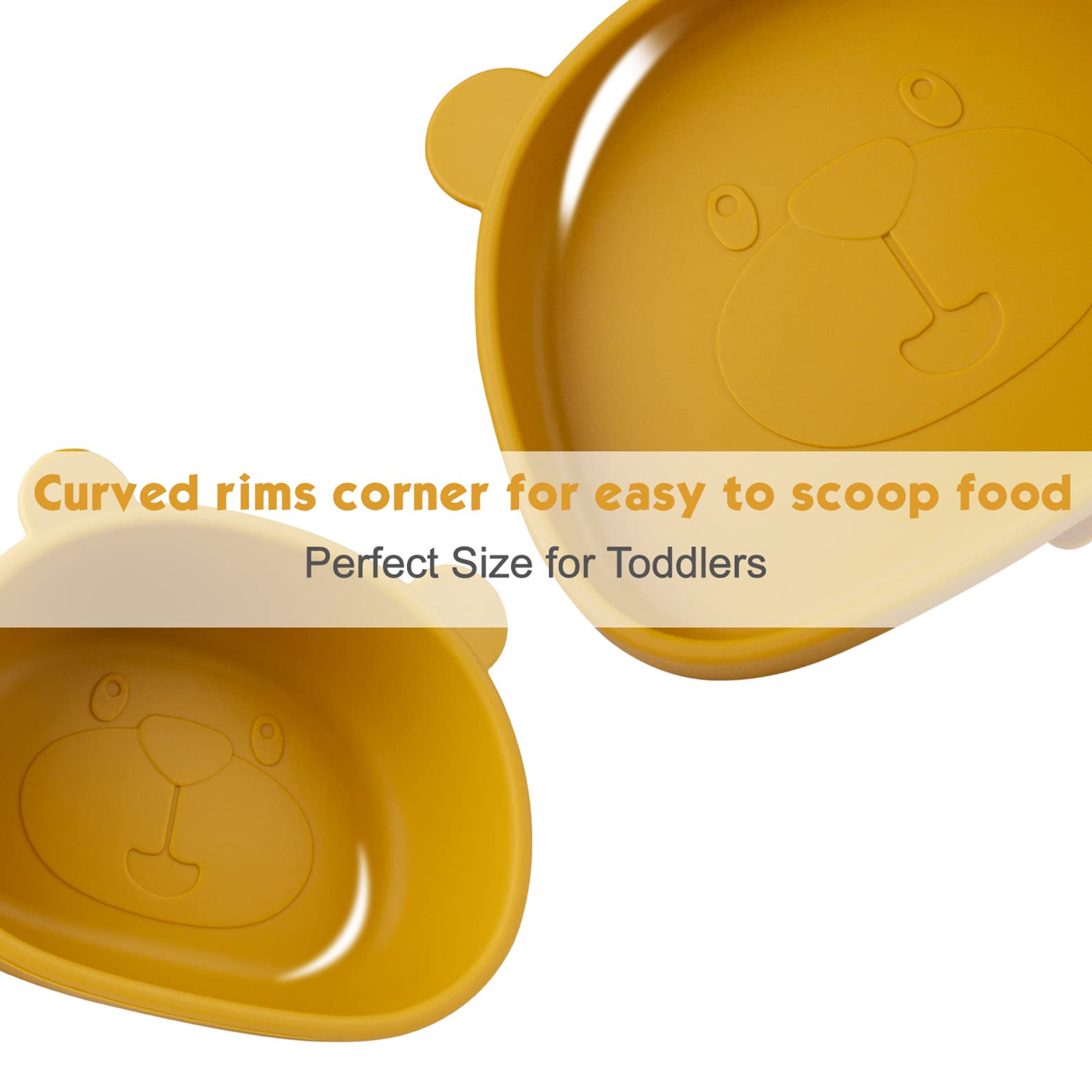 Set Vaisselle pour Bébé Silicone avec Ventouse, 4 Pièces, Set Repas pour Enfants, Inclus Anti-dérapant Assiette, Bol, Cuillère + fourche, Compatible Lave-vaisselle, Micro-onde, sans BPA (jaune)