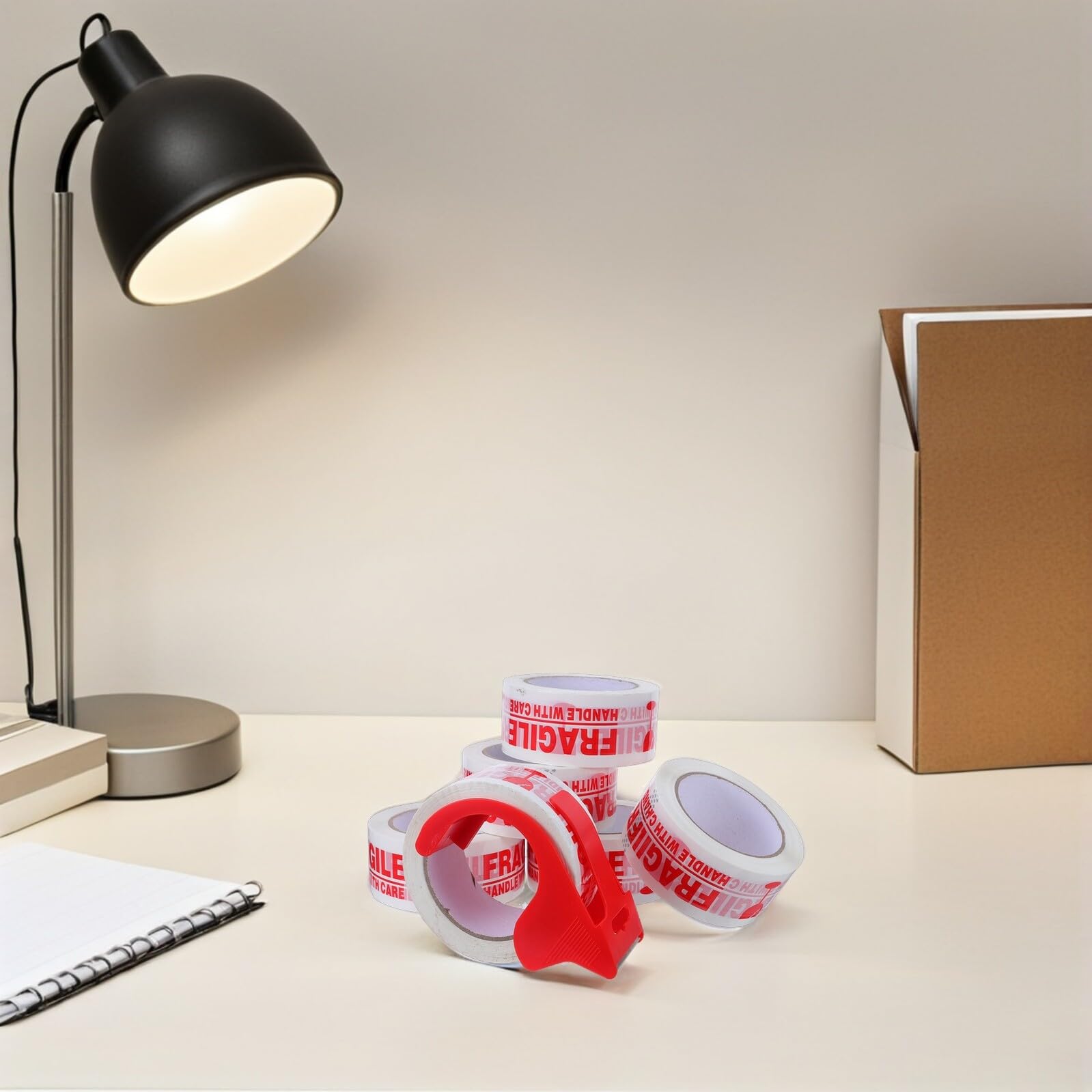jojofuny Lot de 6 Rouleaux de Ruban Adhésif Fragile pour Colis avec Distributeur Rouge, Ruban de Marquage Autocollant D'expédition, Étiquettes Fragiles pour Déménagement et