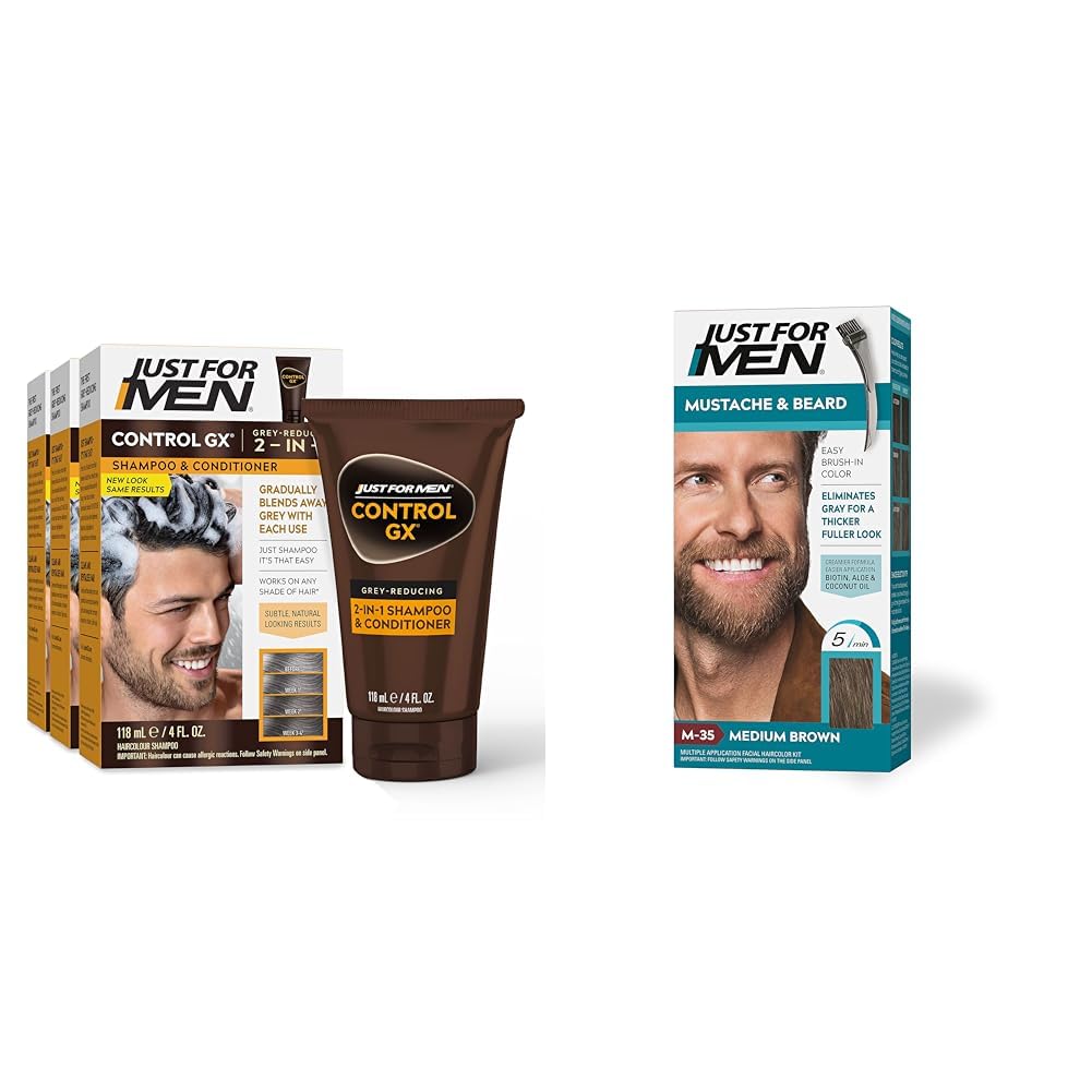 Just For Men Control GX Grey Reducing 2-in-1 Shampoo and Conditioner, Gradual Hair Color & Control GX + THK Thickening Shampoo and Conditioner with Grey Reduction, 4 oz