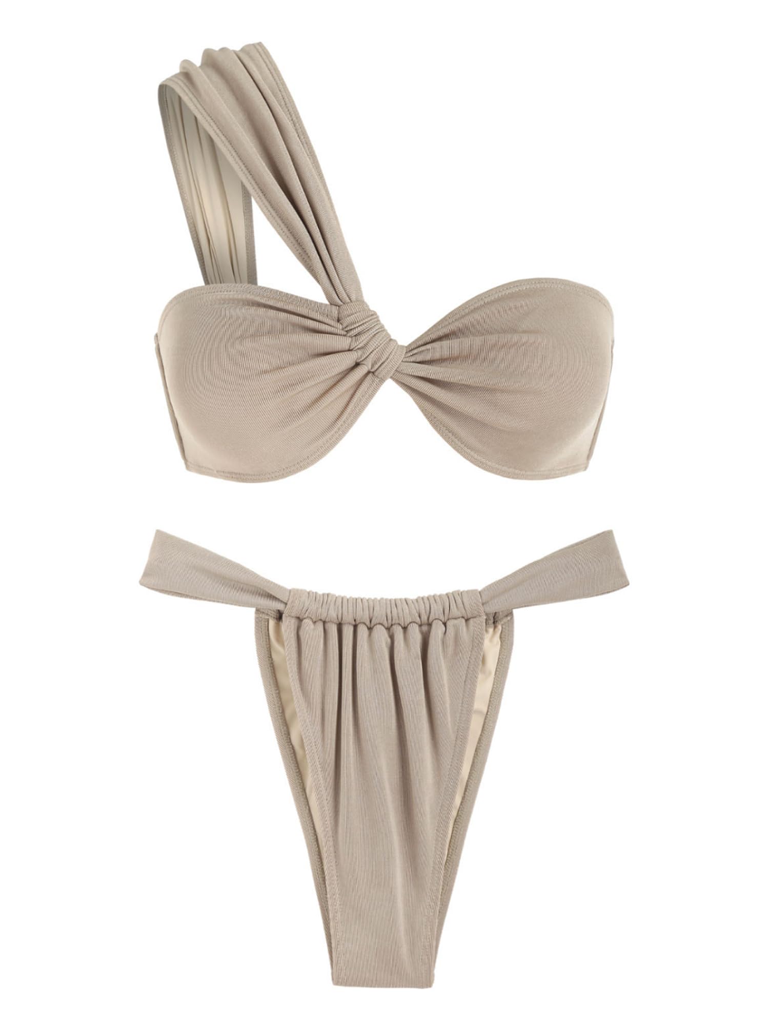 ZAFULWomen's One Shoulder Jersey Twisted Ruched Design Loincloth Tanga Bikini Set Two Piece Swimsuit Bathing Suits