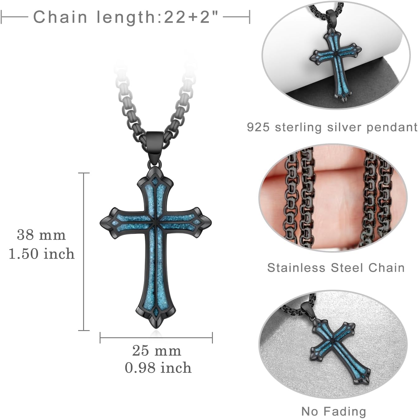 Black Cross Necklace for Men 925 Sterling Silver Turquoise Cross Pendant Necklace Cross Jewelry Gifts for Men Women - Image 4