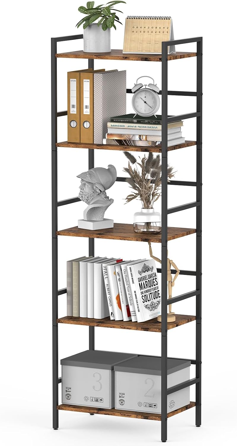 CADUKE 5 Tier Bookshelf, Rustic Brown and Black Storage Rack, Wood and Metal Frame, Large Bookcase for Living Room, Bedroom, Office, Open Shelving Unit, Industrial Design