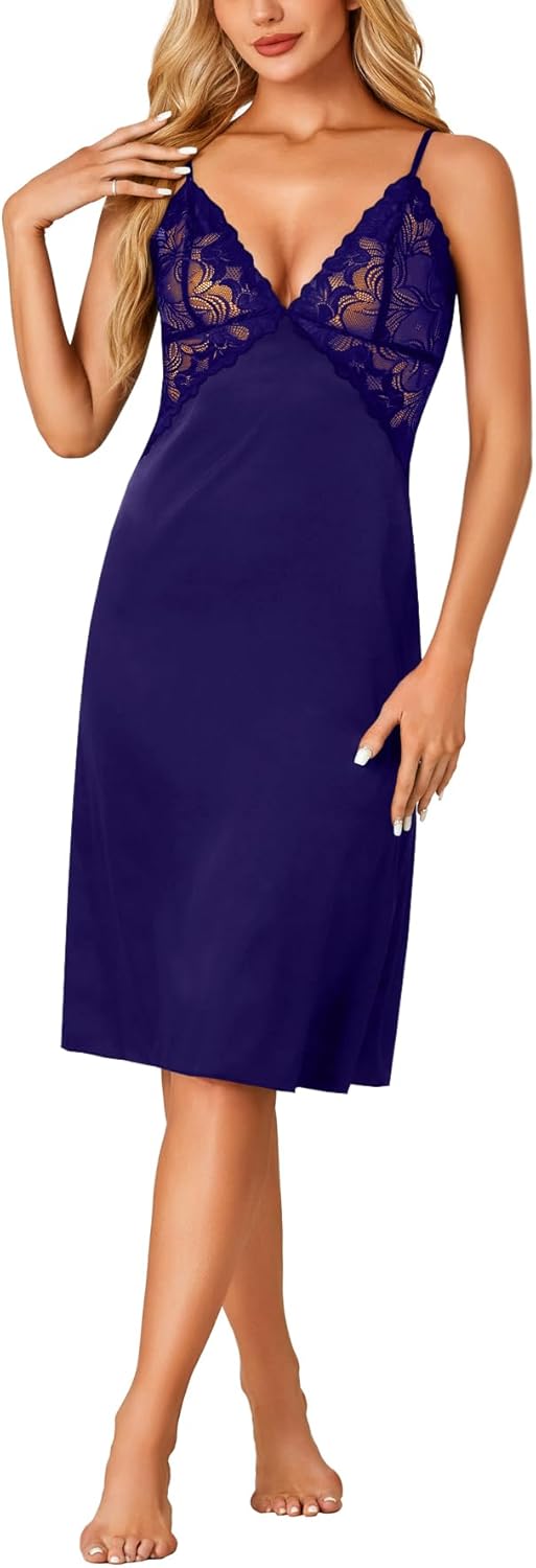 OPOIPIN Women's Satin Nightgown Full Slip Lace Trim V Neck Sleeveless Chemise Silk Lingerie Nightdress - Image 6