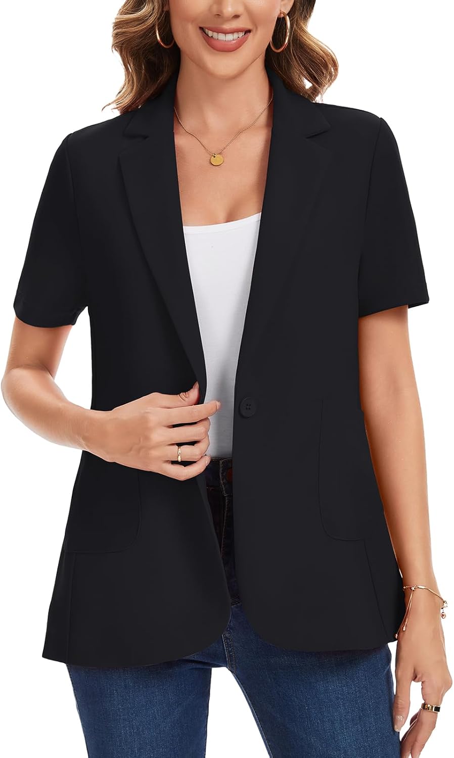 Women's Short Sleeve Blazer Casual Notched Collar Solid Color Jacket Button Front Work Office Suit with Pockets