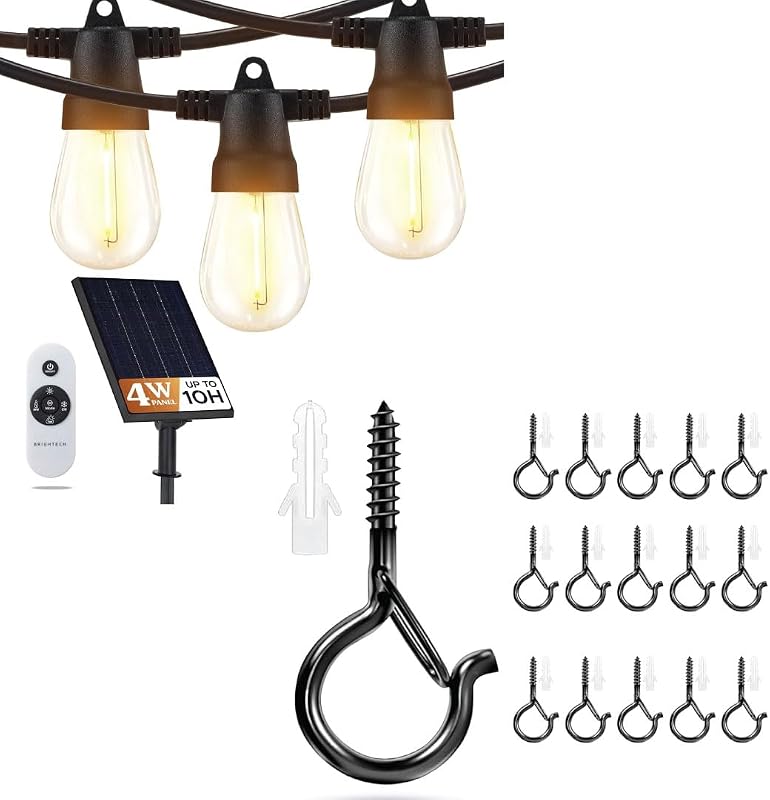 Paquete Brightech: 12 bombillas LED impermeables para patios, camping - Ganchos de tornillo para luces de cadena de 27 pies - Ganchos de techo