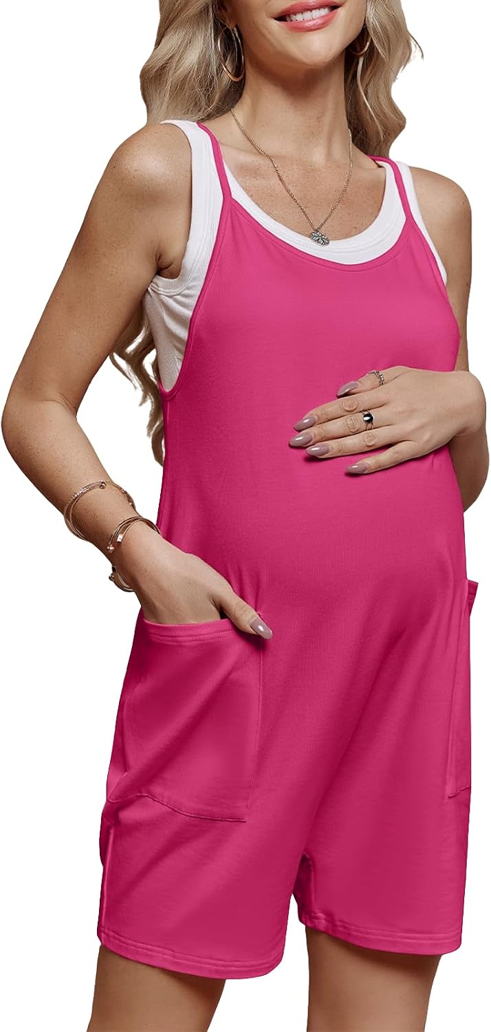 FMEYOA Women's Maternity Overalls Shorts Pregnancy Casual Sleeveless Jumpsuits Romper with Pocket