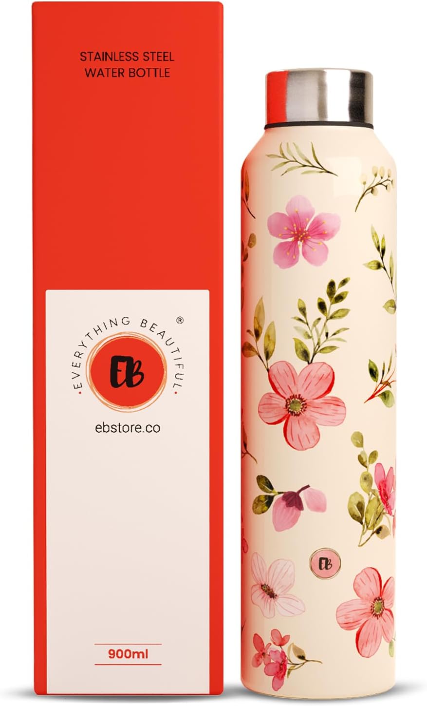 EB-Everything Beautiful Stainless Steel Water Bottle 1 Litre Leakproof in Printed Funky Flower Design Ideal for Adults Kids Boys and Girls For Home Office School Gym 1 ltr (Funky Flower)
