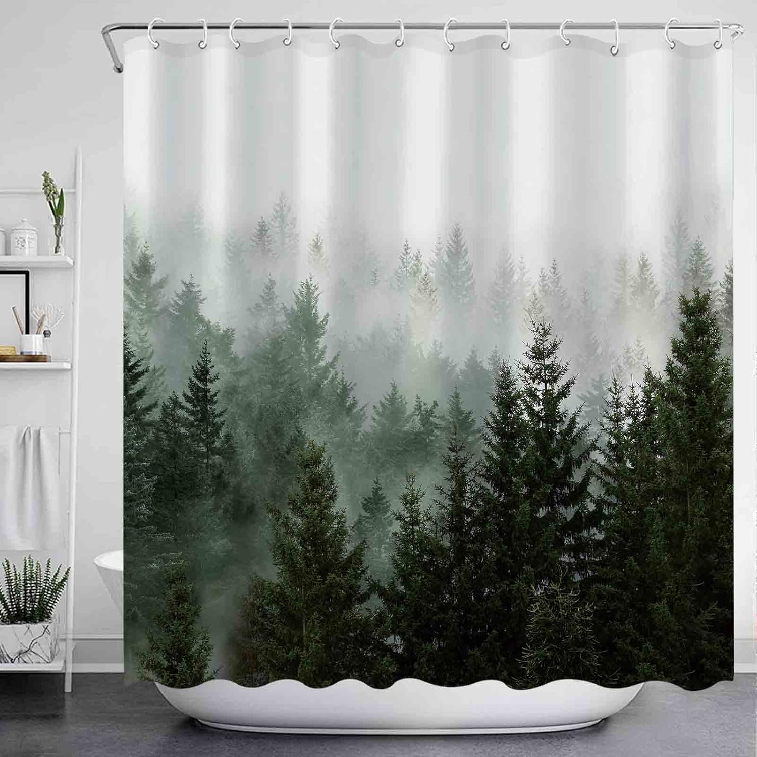 Aipon Green Misty Forest Shower Curtain Nature Tree Shower Curtain Set Dark Green Fabric Waterproof Shower Curtains for Bathroom Decor with 12 Hooks (72'' × 78'', Green4)