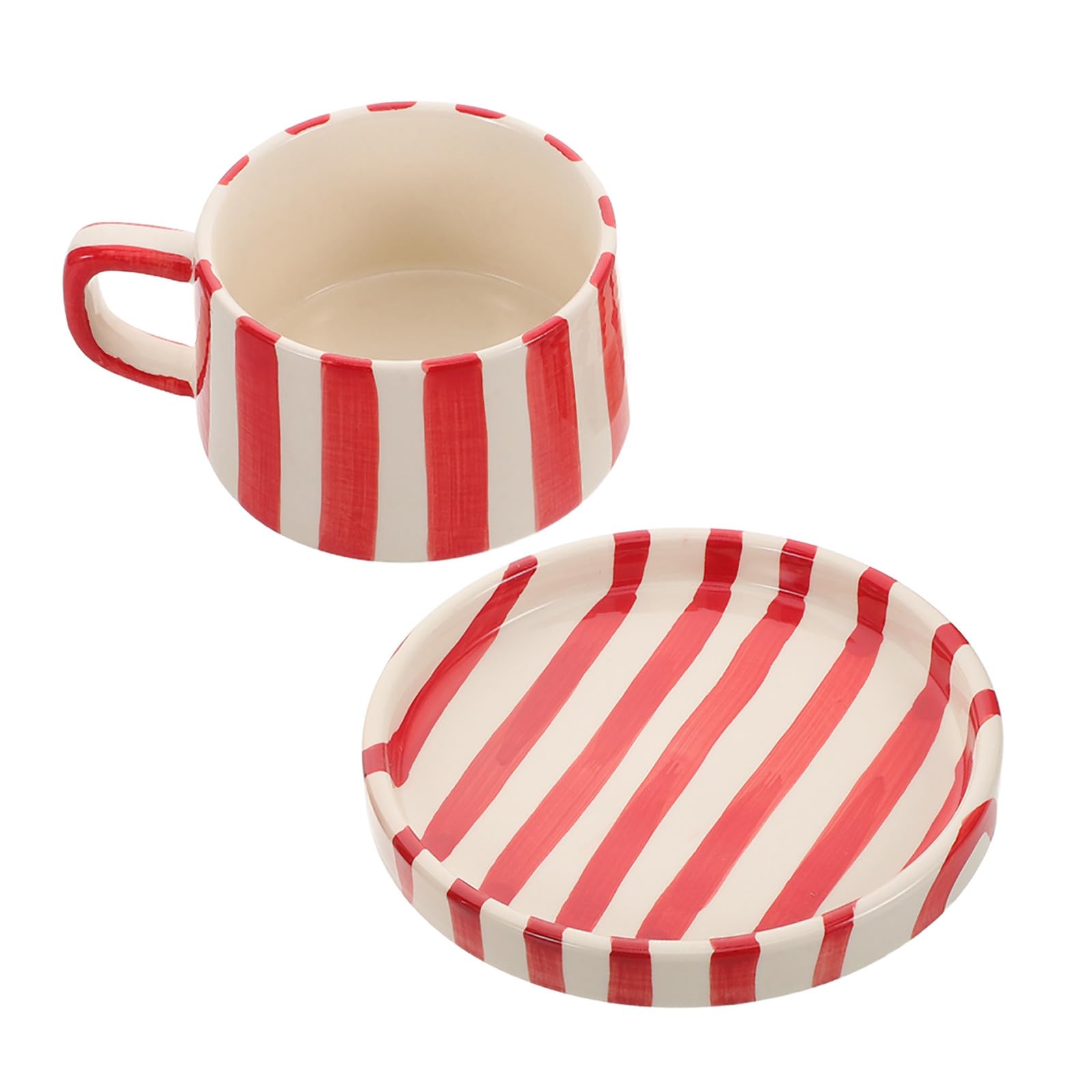 Healvian Set di Tazze da Caffè in Ceramica a Righe Piattino, Tazza da Tè Rustica per Ufficio e Latte Art, Tazza Novità Carina per Cappuccino e Bevande Calde