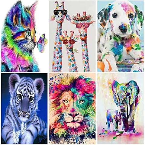 KETIEE 6 Pack Diamond Painting Kits for Adults, DIY Full Drill Cat Tiger Lion Giraffe Dog Elephant Animal Diamond Art Kits for Kids Home Wall Decor Gift (30 x 40cm) Cover