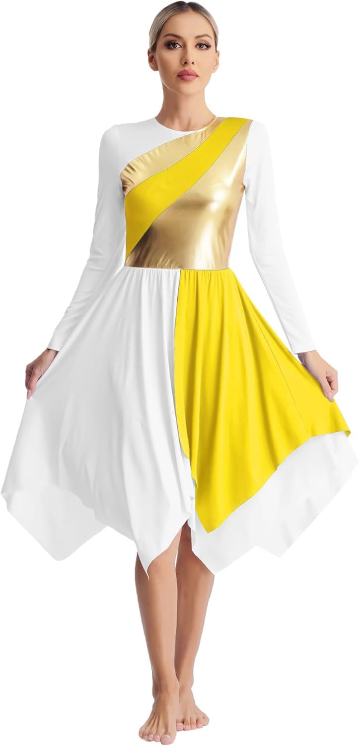 iiniim Women's Worship Dance Dress Sets Irregular Hem Dress Wide Leg Long Pants 2-Piece Set Liturgical Dancewear