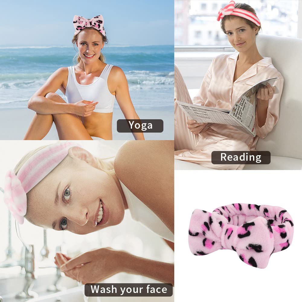 Paquete de 6 diademas de spa rosadas, diademas de maquillaje, diademas de microfibra con lazo de microfibra, diadema facial de rayas de leopardo, diadema facial suave y elástica para lavar la 5