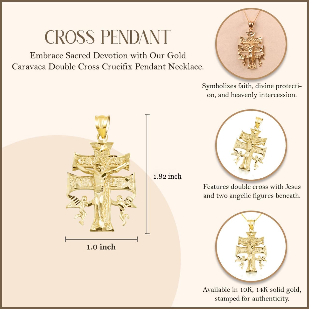 Gold Caravaca Double Cross Crucifix Necklace | 10K or 14K Yellow, Rose, or White Gold | Choice of Pendant Only or Chain Length