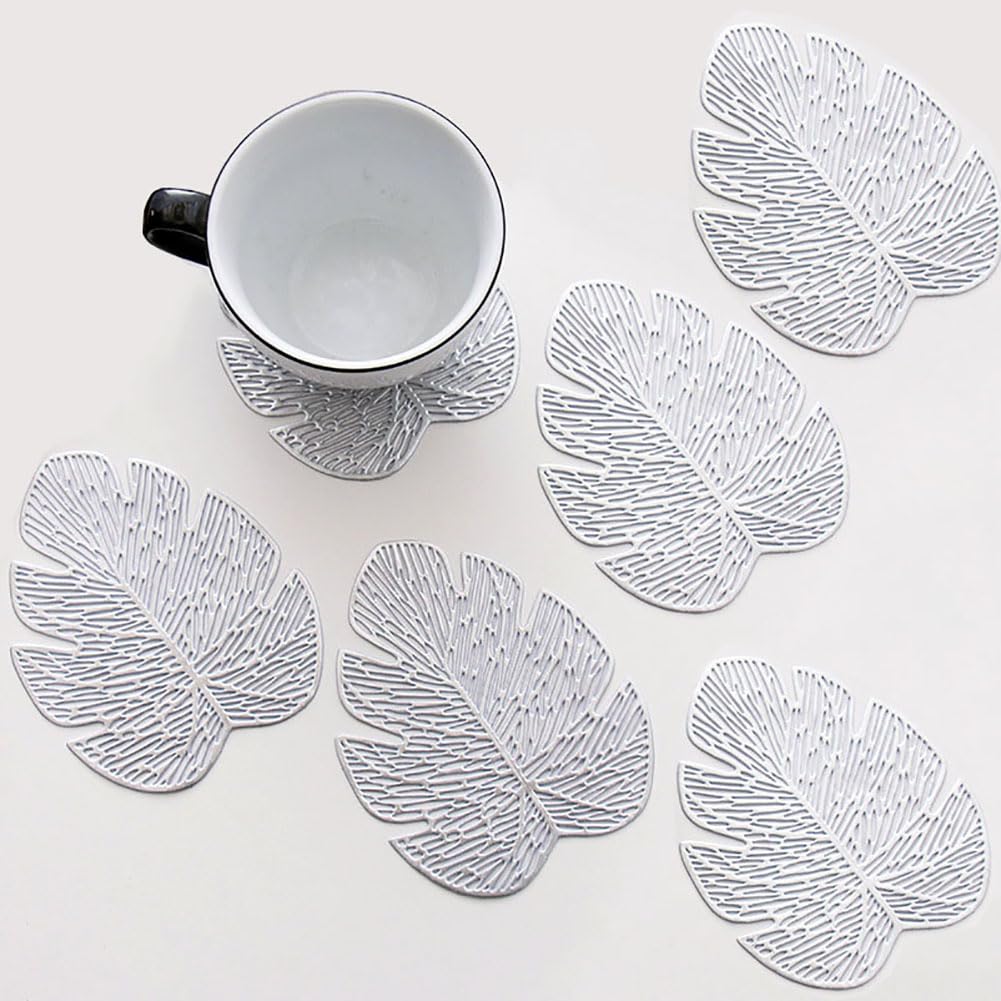 SCF2017 PVC Banana Leaf Shape Coasters for Drink Cup Mats Small Cute Placemats Set of 6,Silver