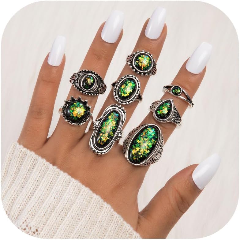 HUASAI Turquoise Ring Set for Women Boho Bohemian Western Green Gemstone Red Silver Chunky Thick Statement Vintage Rings Dress Accessories Jewelry Gift