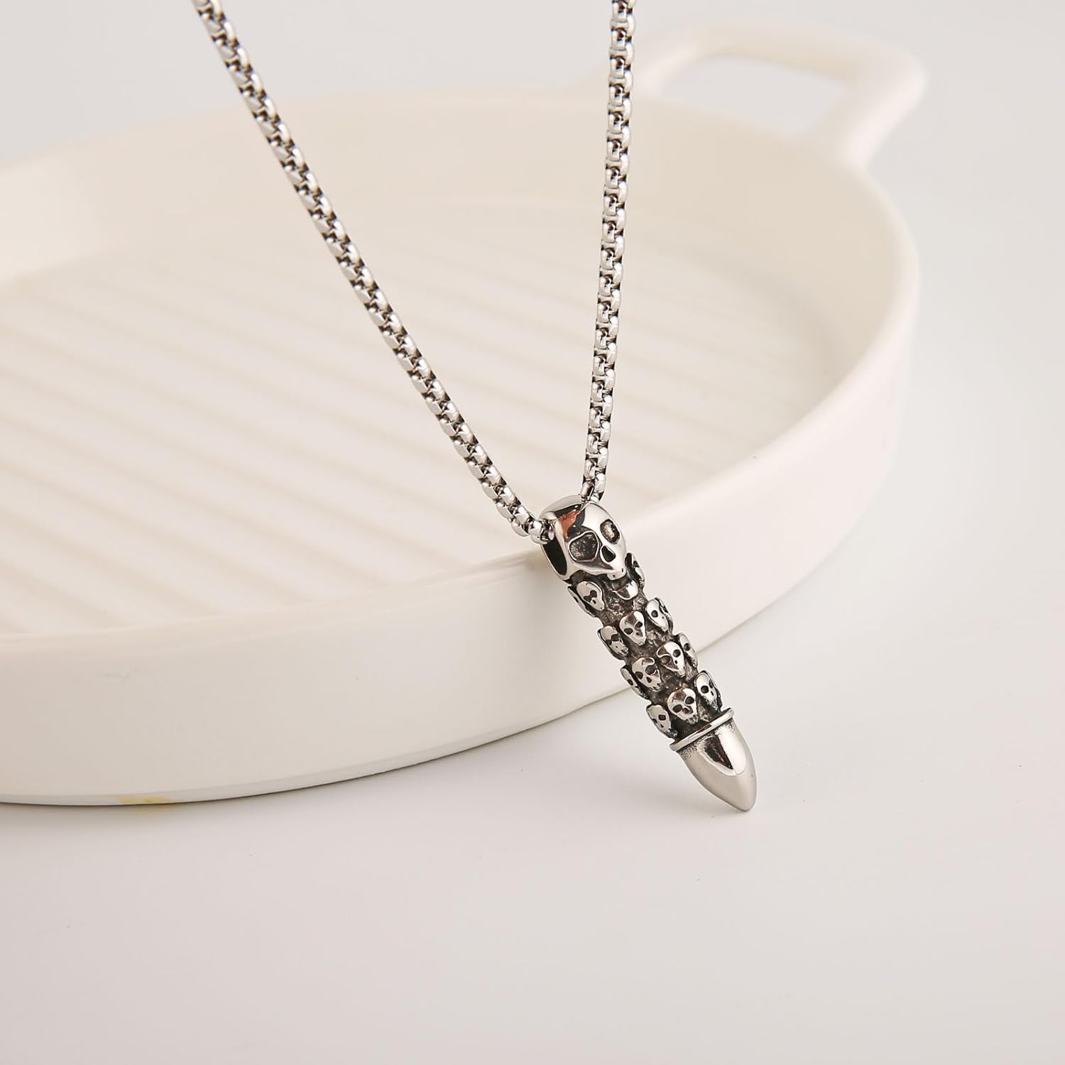 Men's Gothic Punk Hip-Hop Rock Skull Cylindrical Bullet Pendant Necklace, 316L Stainless Steel Material, Silver Stainless Steel Square Pearl Chain, Vintage Halloween Jewelry - Image 3