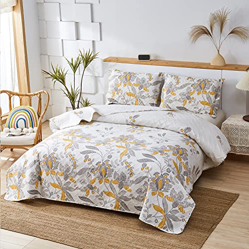 Full/Queen Size Quilt Sets Floral Bedspread Coverlet Queen Summer Lightweight Flower Quilt Bedding Countryside Reversible Bedspread Set Plant Green Leaves Yellow Flower Home Quilts Collections #TOP1
