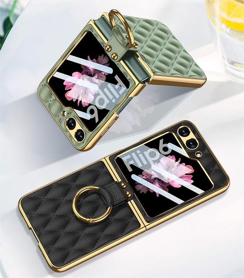 Quilted Leather Folding Case for Samsung Galaxy Z Flip 6, Diamond-Shaped Lattice Mobile Phone Shell for Z Flip6, Creative Women's Folding Screen Protective Cover (Black,for Flip 6)