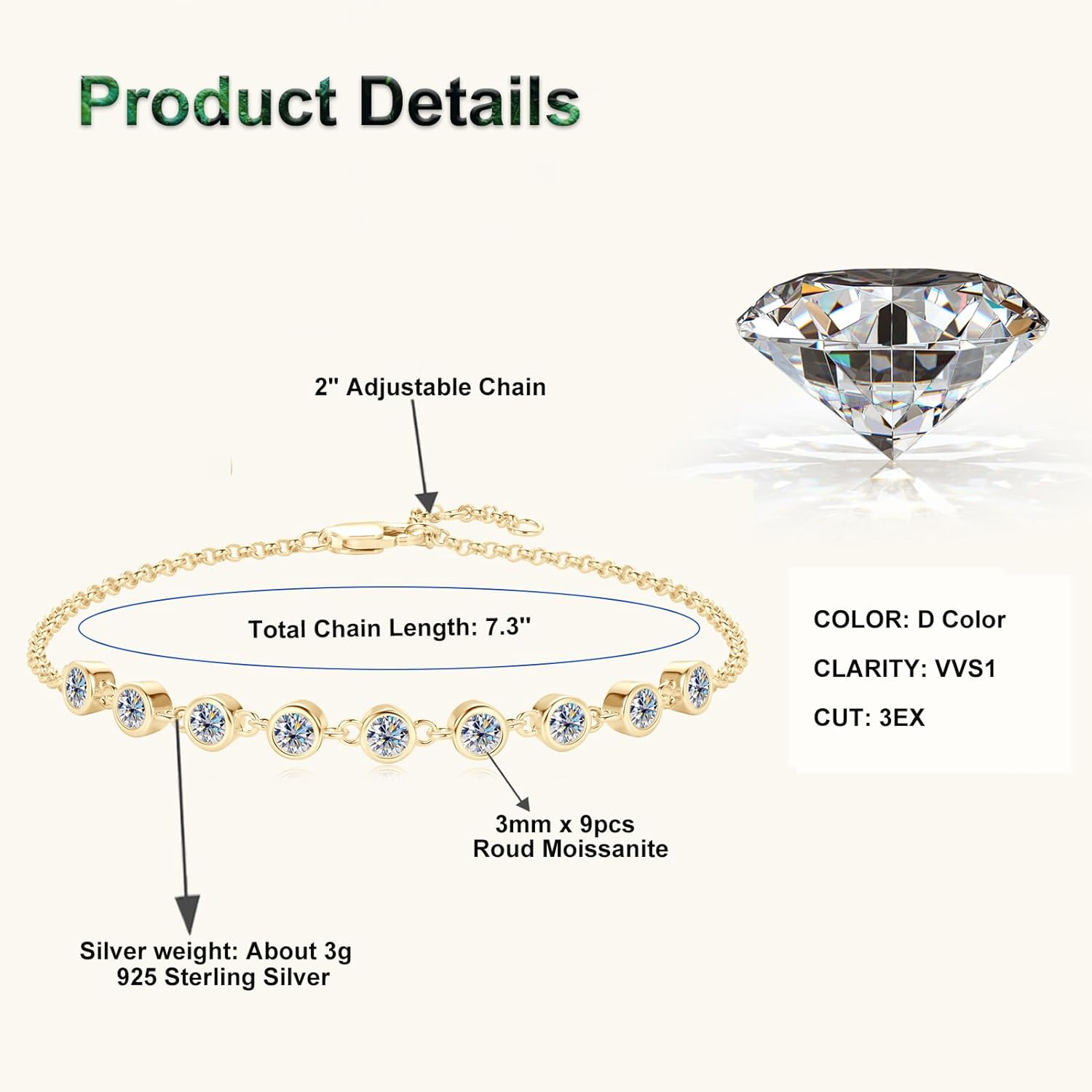 Moissanite Link Bracelet 0.9cttw D Color VVS1 925 Sterling Silver Delicate Precious Stylish Bracelet for Women Mom Birthday Gifts - Image 3